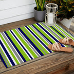 Lime Green Bright Navy Blue Gray and White Vertical Stripes Pattern Outdoor Rug Gallery Image 2