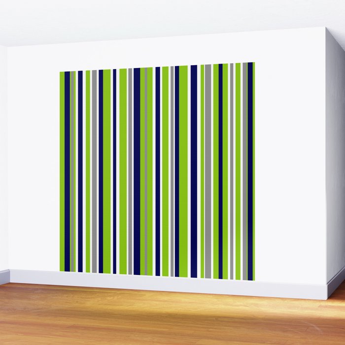 Lime Green Bright Navy Blue Gray and White Vertical Stripes Pattern Wall Mural Gallery Image 2