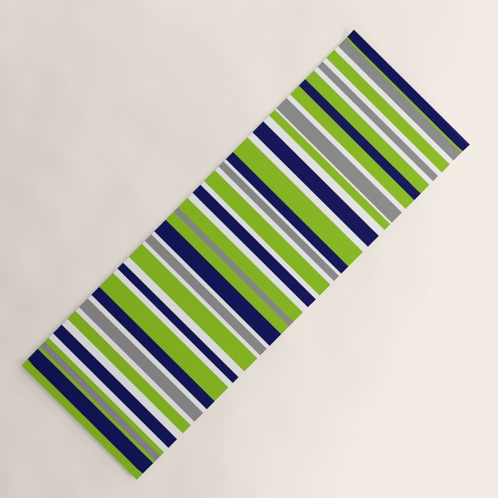 Lime Green Bright Navy Blue Gray and White Vertical Stripes Pattern Yoga Mat Gallery Image 1