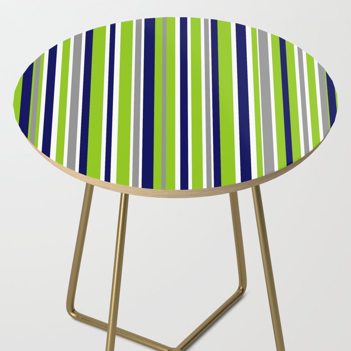 Lime Green Bright Navy Blue Gray and White Vertical Stripes Pattern Side Table Gallery Image 2