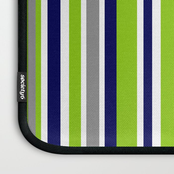 Lime Green Bright Navy Blue Gray and White Vertical Stripes Pattern Laptop Sleeve Gallery Image 3
