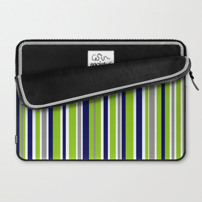 Lime Green Bright Navy Blue Gray and White Vertical Stripes Pattern Laptop Sleeve Gallery Image 2