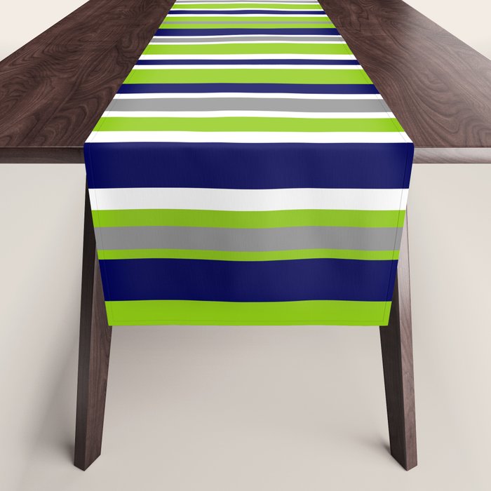 Lime Green Bright Navy Blue Gray and White Vertical Stripes Pattern Table Runner Gallery Image 1