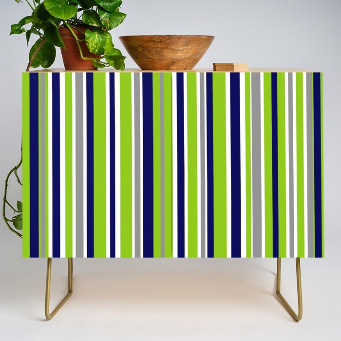 Lime Green Bright Navy Blue Gray and White Vertical Stripes Pattern Credenza Gallery Image 1