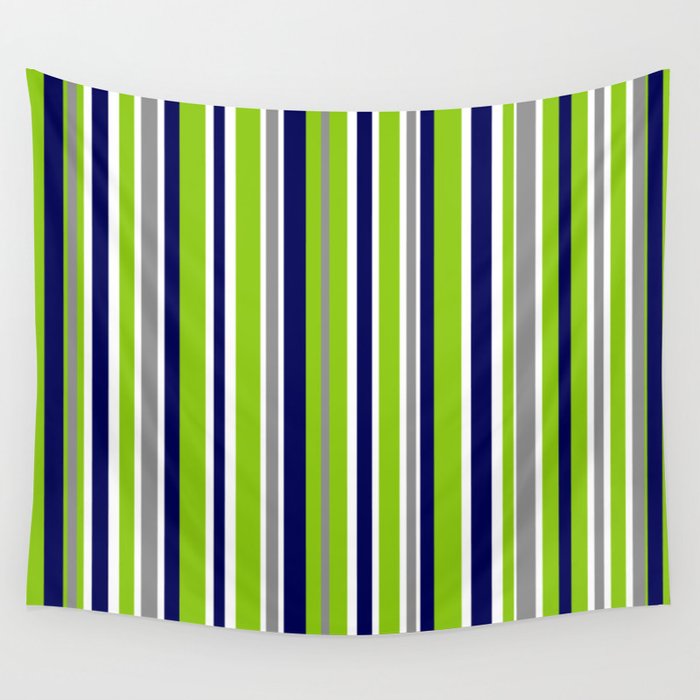Lime Green Bright Navy Blue Gray and White Vertical Stripes Pattern Wall Tapestry Gallery Image 1