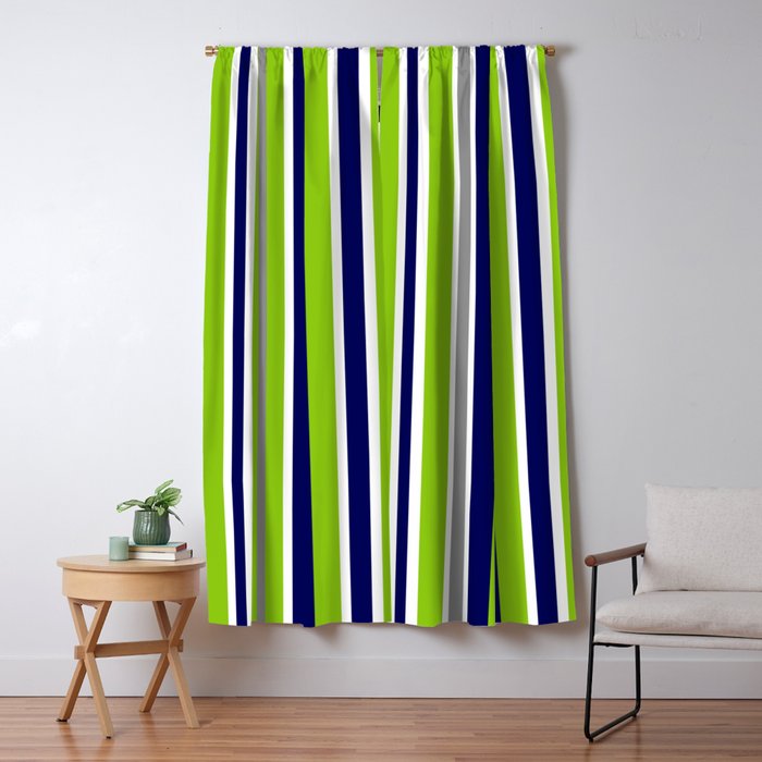 Lime Green Bright Navy Blue Gray and White Vertical Stripes Pattern Window Curtain Gallery Image 5