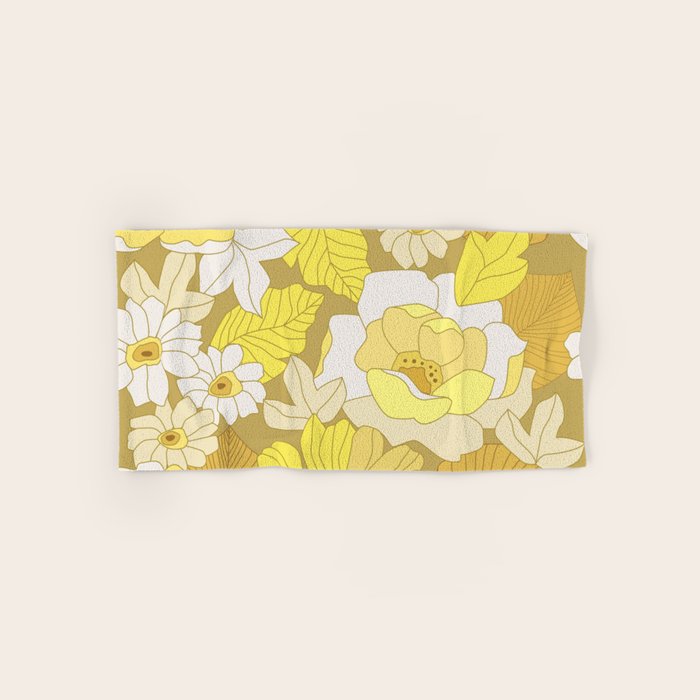 Yellow, Ivory and Brown Retro Flowers Bath Towel Gallery Image 1