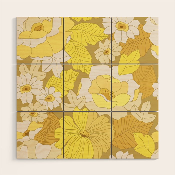 Yellow, Ivory and Brown Retro Flowers Wood Wall Art Gallery Image 1