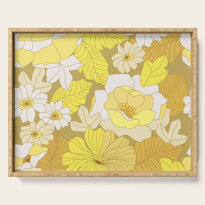 Yellow, Ivory and Brown Retro Flowers Serving Tray Gallery Image 1