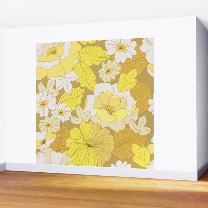 Yellow, Ivory and Brown Retro Flowers Wall Mural Gallery Image 2