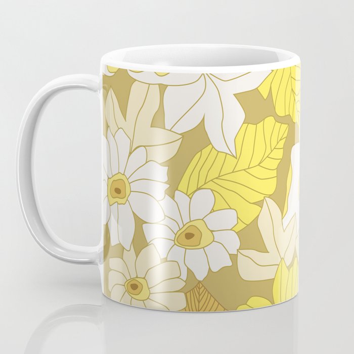 Yellow, Ivory and Brown Retro Flowers Coffee Mug Gallery Image 3