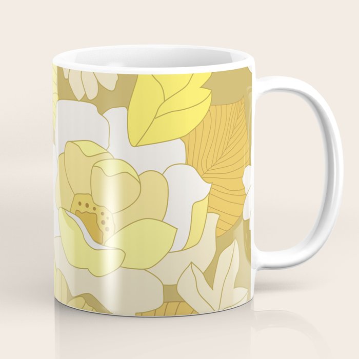 Yellow, Ivory and Brown Retro Flowers Coffee Mug Gallery Image 1