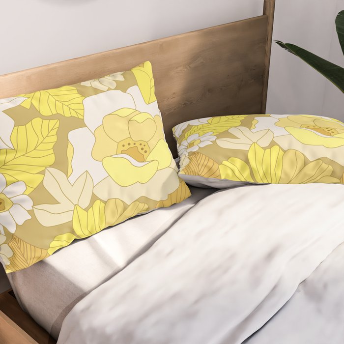 Yellow, Ivory and Brown Retro Flowers Pillow Sham Gallery Image 2