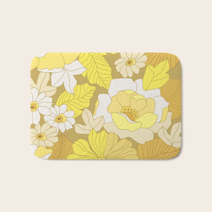 Yellow, Ivory and Brown Retro Flowers Bath Mat Gallery Image 1