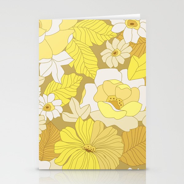 Yellow, Ivory and Brown Retro Flowers Stationery Card Gallery Image 1