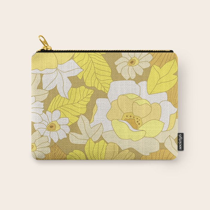 Yellow, Ivory and Brown Retro Flowers Carry All Pouch Gallery Image 1