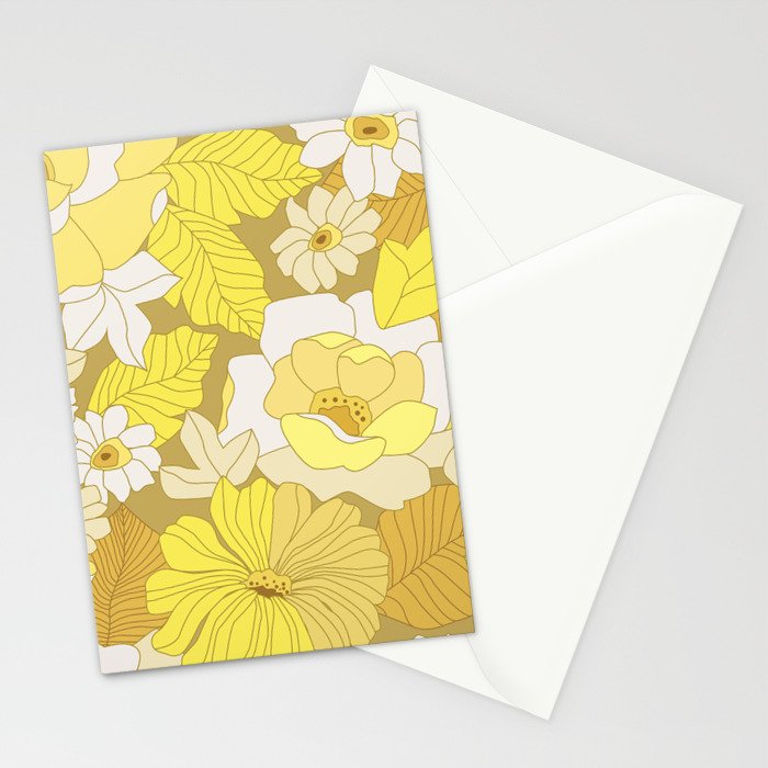 Yellow, Ivory and Brown Retro Flowers Stationery Card Gallery Image 2