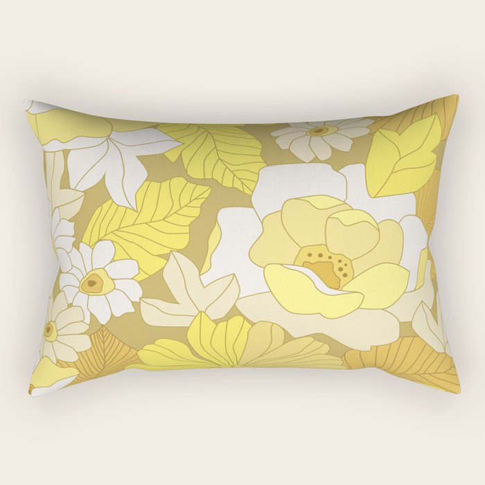 Yellow, Ivory and Brown Retro Flowers Rectangular Pillow Gallery Image 1