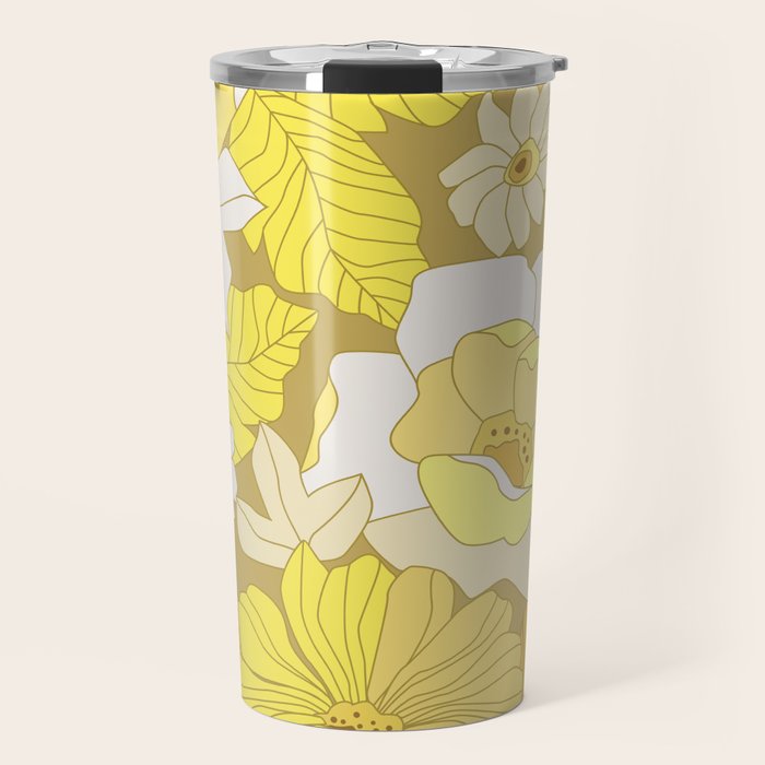 Yellow, Ivory and Brown Retro Flowers Travel Mug Gallery Image 1