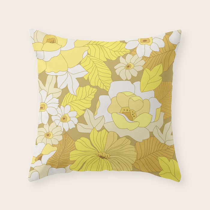 Yellow, Ivory and Brown Retro Flowers Throw Pillow Gallery Image 1