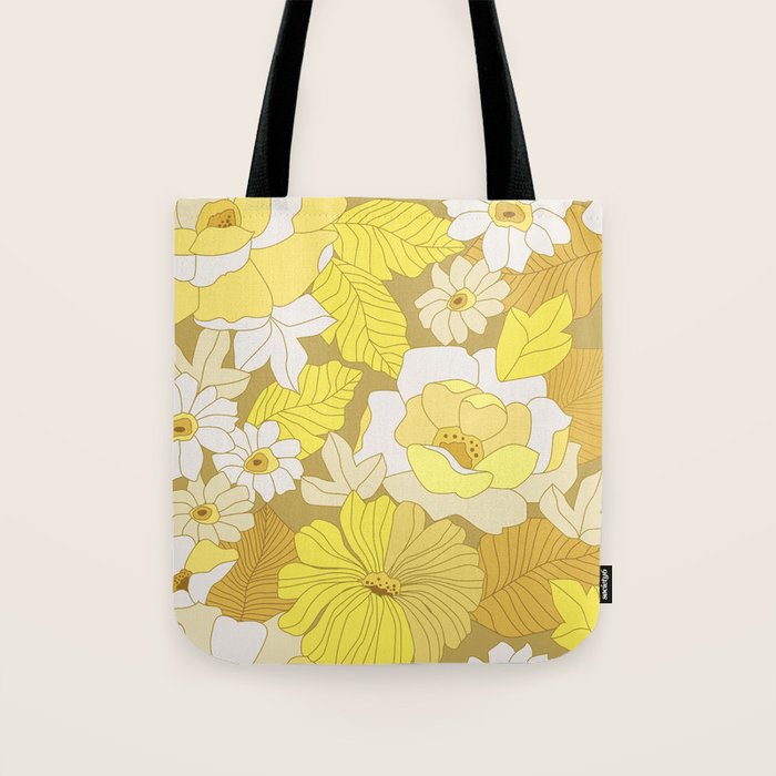Yellow, Ivory and Brown Retro Flowers Tote Bag Gallery Image 1