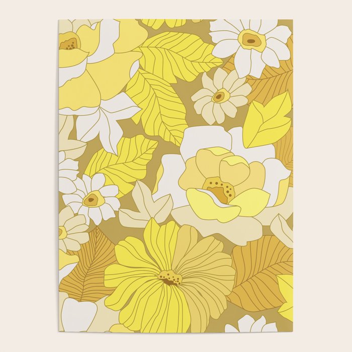 Yellow, Ivory and Brown Retro Flowers Poster Gallery Image 1