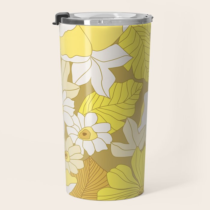 Yellow, Ivory and Brown Retro Flowers Travel Mug Gallery Image 3