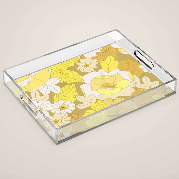 Yellow, Ivory and Brown Retro Flowers Acrylic Tray Gallery Image 1