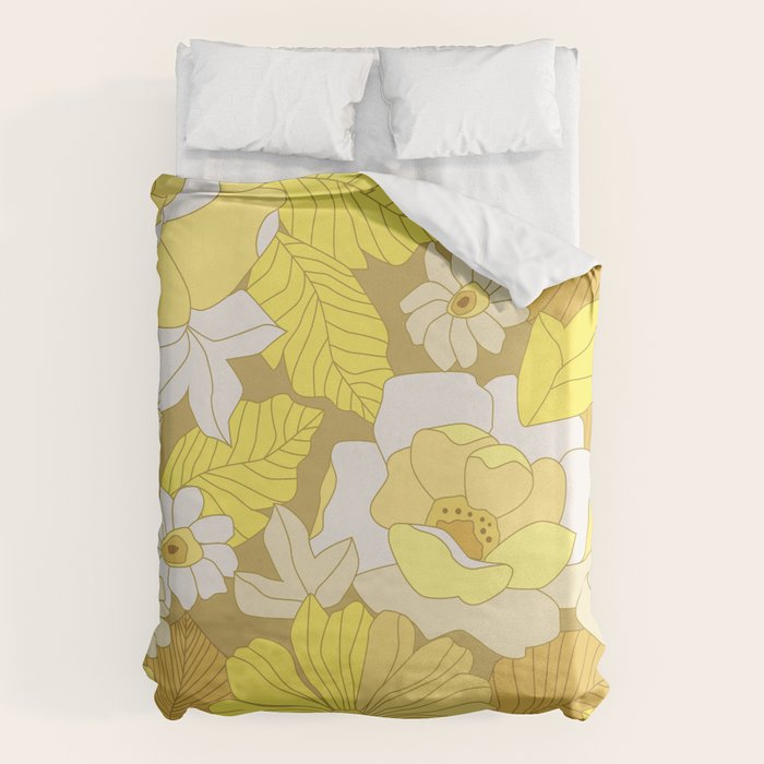 Yellow, Ivory and Brown Retro Flowers Duvet Cover Gallery Image 6