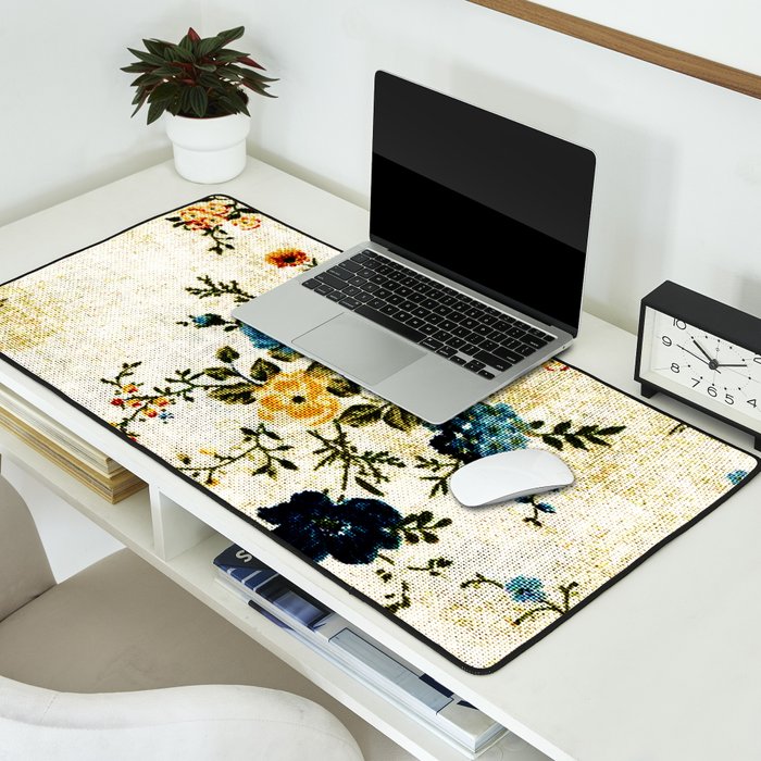Cream Blue Yellow Floral Desk Mat Gallery Image 2