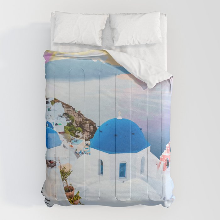 Greek Fantasy, Greece Travel Tropical Photography, Nature Landscape Ocean Architecture Graphic Comforter Gallery Image 1