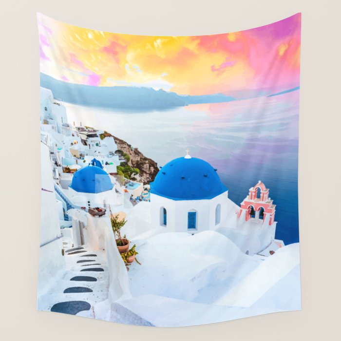 Greek Fantasy, Greece Travel Tropical Photography, Nature Landscape Ocean Architecture Graphic Wall Tapestry Gallery Image 4