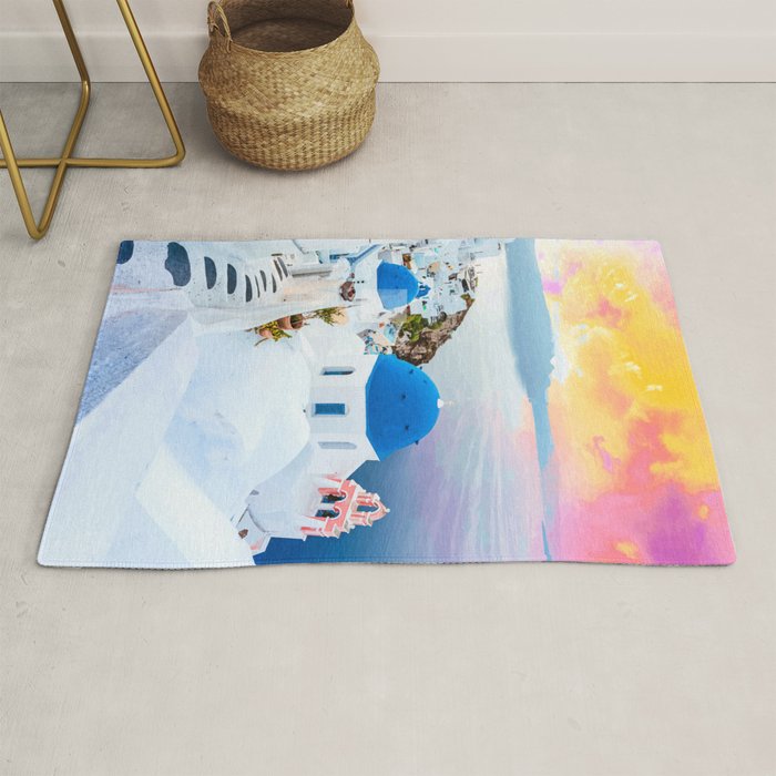 Greek Fantasy, Greece Travel Tropical Photography, Nature Landscape Ocean Architecture Graphic Rug Gallery Image 1