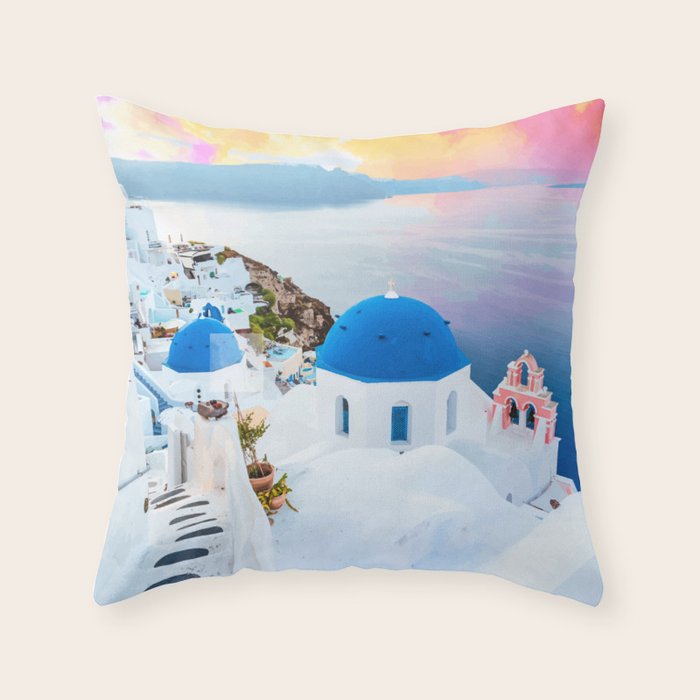 Greek Fantasy, Greece Travel Tropical Photography, Nature Landscape Ocean Architecture Graphic Throw Pillow Gallery Image 6