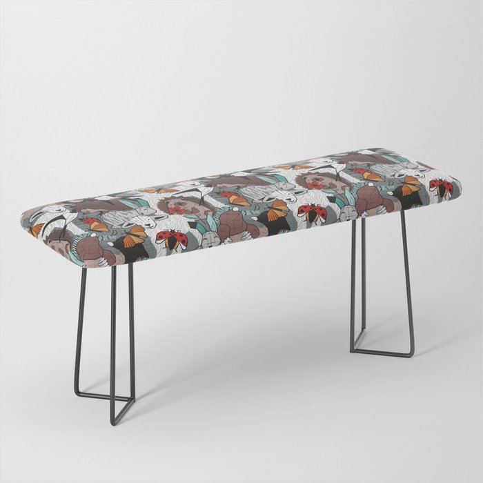 Geo spring animal party // green grey linen texture background brown aqua mint orange and neon red details Bench Gallery Image 1