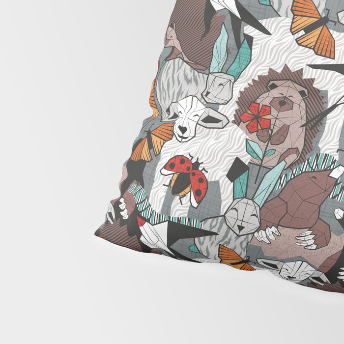 Geo spring animal party // green grey linen texture background brown aqua mint orange and neon red details Pillow Sham Gallery Image 4