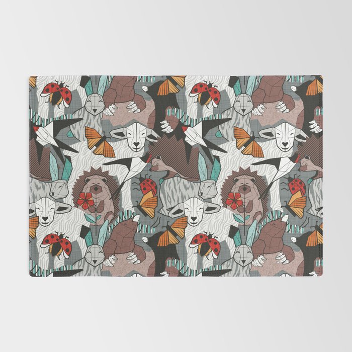 Geo spring animal party // green grey linen texture background brown aqua mint orange and neon red details Rug Gallery Image 2