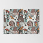 Geo spring animal party // green grey linen texture background brown aqua mint orange and neon red details Rug Gallery Image 2