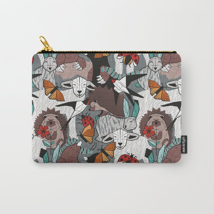 Geo spring animal party // green grey linen texture background brown aqua mint orange and neon red details Carry All Pouch Gallery Image 1