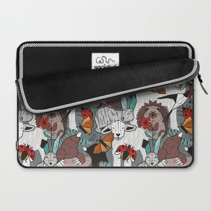 Geo spring animal party // green grey linen texture background brown aqua mint orange and neon red details Laptop Sleeve Gallery Image 2