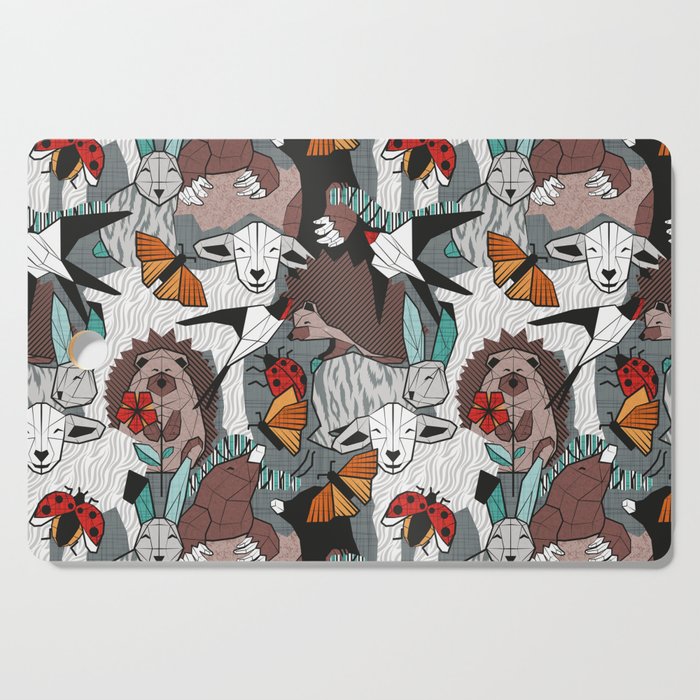 Geo spring animal party // green grey linen texture background brown aqua mint orange and neon red details Cutting Board Gallery Image 1