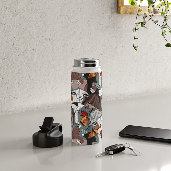 Geo spring animal party // green grey linen texture background brown aqua mint orange and neon red details Water Bottle Gallery Image 4
