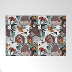 Geo spring animal party // green grey linen texture background brown aqua mint orange and neon red details Welcome Mat Gallery Image 1