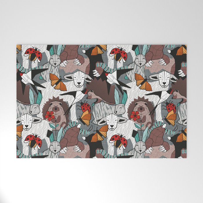 Geo spring animal party // green grey linen texture background brown aqua mint orange and neon red details Welcome Mat Gallery Image 1