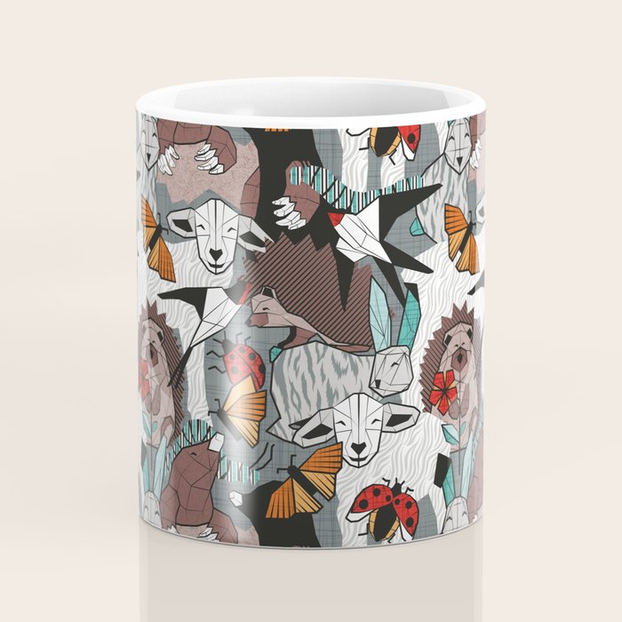 Geo spring animal party // green grey linen texture background brown aqua mint orange and neon red details Coffee Mug Gallery Image 4