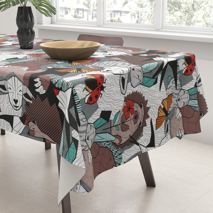 Geo spring animal party // green grey linen texture background brown aqua mint orange and neon red details Tablecloth Gallery Image 3
