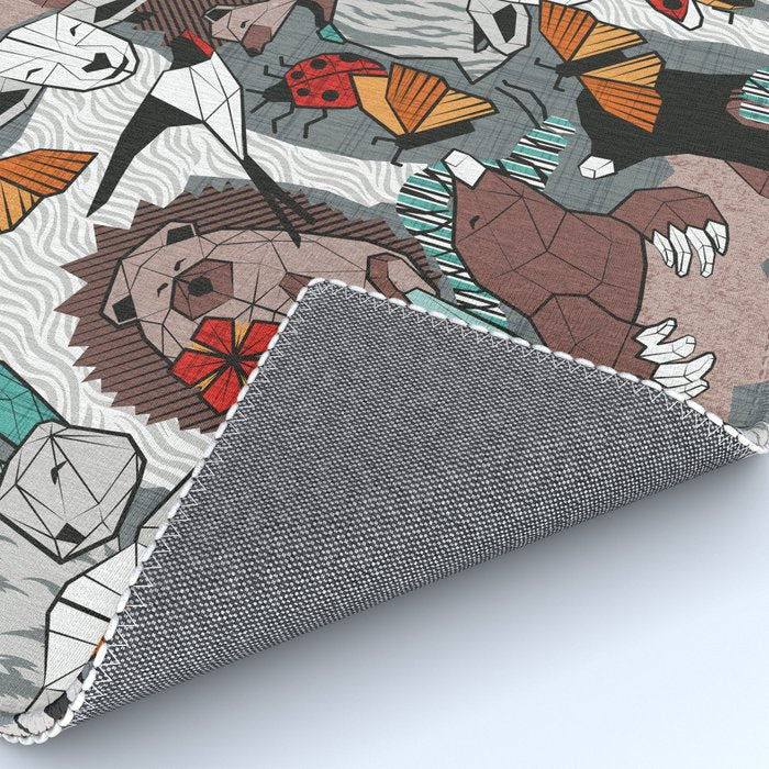 Geo spring animal party // green grey linen texture background brown aqua mint orange and neon red details Rug Gallery Image 4
