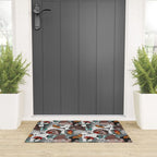 Geo spring animal party // green grey linen texture background brown aqua mint orange and neon red details Welcome Mat Gallery Image 3