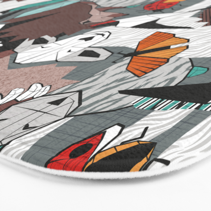 Geo spring animal party // green grey linen texture background brown aqua mint orange and neon red details Bath Mat Gallery Image 3