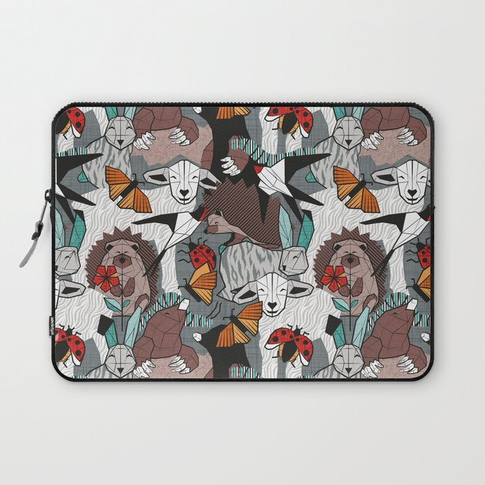 Geo spring animal party // green grey linen texture background brown aqua mint orange and neon red details Laptop Sleeve Gallery Image 1